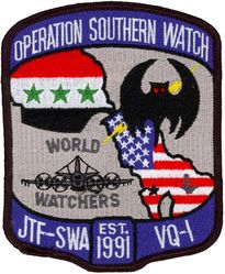 Fleet Air Reconnaissance Squadron 1 (VQ-1) Operation SOUTHERN WATCH 1991
Established as Special Electronic Search Project in Oct 1951. Redesignated Detachment Able, Airborne Early Warning Squadron ONE (VW-1) on 12 May 1953. Reorganized as Detachment Able, Airborne Early Warning Squadron THREE (VW-3) on 1 Jun 1954. Redesignated Electronic Countermeasures Squadron ONE (VQ-1) on 1 Jun 1955; Fleet Air Reconnaissance Squadron ONE (FAIRECONRON ONE) in Jan 1960-.

Lockheed EP-3E Aries II

