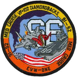 Fighter Squadron 102 (VF-102) MEDITERRANEAN CRUISE 1991-1992
Established as Attack Squadron THIRTY SIX (VA-36) on 1 Jul 1955 and redesigneated Fighter Squadron ONE ZERO TWO (VF-102) "Diamondbacks" (Second VF-102) on the same day. It should be noted that on the same day the old VF-102 was redesignated VA-36. This unit is separate from VA-36 that was established on 1 Jul 1955. Redesignated Strike Fighter Squadron ONE ZERO TWO (VFA-102) in 2005.

Grumman F-14 Tomcat
