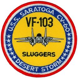 Fighter Squadron 103 (VF-103) F-14 Tomcat Operation DESERT STORM
VF-103 "Sluggers"
1990-1991
Established as VF-103 on 1 May 1952. Following VF-84's decommissioning in Oct 1995, and have VF-103 adopt the VF-84 Lineage.  
Grumman F-14B Tomcat
