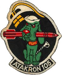 Attack Squadron 105 (VA-105) 
Established as Attack Squadron ONE HUNDRED FIVE (VA-105) "Mad Dogs" on 1 May 1952. Disestablished on 1 Feb 1959. The first squadron to be assigned the designation VA-105.

Insignia approved on 2 Mar 1953. “Mad Dog” insignia disapproved on 7 Oct 1952 but used by the squadron through 1958.

Douglas AD-1/4/ 4NA/ 6 Skyraider
