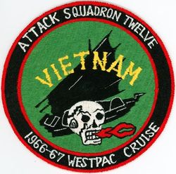 Attack Squadron 12 (VA-12) WESTPAC CRUISE 1966-1967
Established as Bomber-Fighter Squadron FOUR (VBF-4) on 12 May 1945. Redesignated Fighter Squadron TWO A (VF-2A) on 15 Nov 1946. Redesignated Fighter Squadron TWELVE (VF-12) on 2 Aug 1948. Redesignated Attack Squadron TWELVE (VA-12) on 1 Aug 1955, the first squadron to be assigned the VA-12 designation. Disestablished on 1 Oct 1986.
