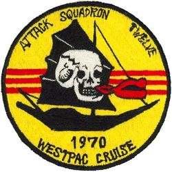 Attack Squadron 12 (VA-12) WESTPAC CRUISE 1970
Established as Bomber-Fighter Squadron FOUR (VBF-4) on 12 May 1945. Redesignated Fighter Squadron TWO A (VF-2A) on 15 Nov 1946. Redesignated Fighter Squadron TWELVE (VF-12) on 2 Aug 1948. Redesignated Attack Squadron TWELVE (VA-12) on 1 Aug 1955, the first squadron to be assigned the VA-12 designation. Disestablished on 1 Oct 1986.
