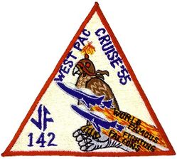 Fighter Squadron 142 (VF-142) CRUISE 1955
VF-142 "Fighting Falcons"
1955
Established as VF-791 on 20 Jul 1950; VF-142 on 4 Feb 1953; VF-96 on 1 Jun 1962-1 Dec 1975.  
Grumman F9F-6 Cougar
North American FJ-3 Fury


