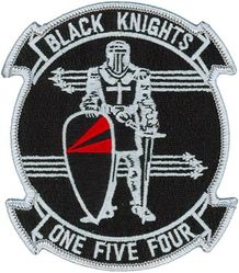 Fighter Squadron 154 (VF-154)
Established as Reserve Fighter Bomber Squadron SEVEN ZERO EIGHT (VFB-718) on 1 Jul 1946. Redesignated Fighter Squadron SIX EIGHT A (VF-68A) on 15 Nov 1946; Reserve Fighter Squadron EIGHT THREE SEVEN (VF-837) “The Grand Slammers” in Aug 1948, called to active duty on 1 Feb 1951; Fighter Squadron ONE FIVE FOUR (VF-154) “Black Knights” on 4 Feb 1953; Strike Fighter Squadron ONE FIVE FOUR (VF-154) on 1 Oct 2003-.

Grumman F9F-2/5 Panther,
North American F-J3 Fury,
Vought F-8A/D Crusader, 1957-1966
McDonnell Douglas F-4B Phantom II, 1966-1983
Grumman F-14A Tomcat, 1983-2003

Insignia designed in 1957 by Milton Caniff when transitioning to the F-8.

Deployments.
VF-837/VF-154
24 Jan 1953-21 Sep 1953 USS Princeton (CV-37) CVG-15, F9F-5, WestPac/Korea
VF-154
19 Sep 1960-27 May 1961 USS Coral Sea (CV-43) CVW-15, F8U-1E, WestPac
12 Dec 1961-17 Jul 1962 USS Coral Sea (CV-43) CVW-15, F8U-2N, WestPac
3 Apr 1963-25 Nov 1963 USS Coral Sea (CV-43) CVW-15, F-8D WestPac
7 Dec 1964-1 Nov 1965 USS Coral Sea (CV-43) CVW-15, F-8D WestPac/Vietnam
29 Jul 1966-23 Feb 1967 USS Coral Sea (CV-43) CVW-2, F-4B WestPac/Vietnam
4 Nov 1967-25 May 1968 USS Ranger (CV-61) CVW-2, F-4B, WestPac/Vietnam
26 Oct 1968-17 May 1969 USS Ranger (CV-61) CVW-2, F-4B, WestPac/Vietnam
14 Oct 1969-1 Jun 1970 USS Ranger (CV-61) CVW-2, F-4B, WestPac/Vietnam
27 Oct 1970-17 Jun 1971 USS Ranger (CV-61) CVW-2, F-4B, WestPac/Vietnam
16 Nov 1972-23 Jun 1973 USS Ranger (CV-61) CVW-2, F-4B, WestPac/Vietnam
7 May 1974-18 Oct 1974 USS Ranger (CV-61) CVW-2, F-4B, WestPac/Vietnam
30 Jan 1976-7 Sep 1976 USS Ranger (CV-61) CVW-2, F-4B, WestPac/Indian Ocean
21 Feb 1979-22 Sep 1979 USS Ranger (CV-61) CVW-2, F-4B, WestPac
20 Aug 1981-23 Mar 1982 USS Coral Sea (CV-43) CVW-14, F-4N, WestPac/ Indian Ocean
21 Mar 1983-12 Sep 1983 USS Coral Sea (CV-43) CVW-14, F-4N, World Cruise
21 Feb 1985-24 Aug 1985 USS Constellation (CV-64) CVW-14, F-14A, WestPac/ Indian Ocean
4 Sep 1986-20 Oct 1986 USS Constellation (CV-64) CVW-14, F-14A, NorPac
11 Apr 1987-13 Oct 1987 USS Constellation (CV-64) CVW-14, F-14A, WestPac/ Indian Ocean
1 Dec 1988-1 Jun 1989 USS Constellation (CV-64) CVW-14, F-14A, WestPac/ Indian Ocean
16 Sep 1989-19 Oct 1989 USS Constellation (CV-64) CVW-14, F-14A, NorPac
23 Jun 1990-20 Dec 1990 USS Independence (CV-62) CVW-14, F-14A, Western Pacific/Indian Ocean/Persian Gulf
15 Apr 1992-13 Oct 1992 USS Independence (CV-62) CVW-5, F-14A, Western Pacific/Indian Ocean/Arabian Gulf
15 Apr 1993-25 Mar 1993 USS Independence (CV-62) CVW-5, F-14A, Western Pacific
11 May 1993-1 Jul 1993 USS Independence (CV-62) CVW-5, F-14A, Western Pacific
17 Nov 1993-17 Mar 1994 USS Independence (CV-62) CVW-5, F-14A, Western Pacific/Indian Ocean/Persian Gulf/ Somalia
19 Jul 1994-29 Aug 1994 USS Independence (CV-62) CVW-5, F-14A, Western Pacific
19 Aug 1995-18 Nov 1995 USS Independence (CV-62) CVW-5, F-14A, Western Pacific/Indian Ocean/Arabian Gulf
9 Feb 1996-27 Mar 1996 USS Independence (CV-62) CVW-5, F-14A, Western Pacific
15 Feb 1997-10 Jun 1997 USS Independence (CV-62) CVW-5, F-14A, Western Pacific
23 Jan 1998-5 Jun 1998 USS Independence (CV-62) CVW-5, F-14A, Western Pacific
11 Oct 1999-25 Aug 1999 Kitty Hawk (CV-63) CVW-5, F-14A, Western Pacific/Indian Ocean/Arabian Gulf
11 Apr 2000-5 Jun 2000 Kitty Hawk (CV-63) CVW-5, F-14A, Western Pacific
26 Sep 2000-20 Nov 2000 Kitty Hawk (CV-63) CVW-5, F-14A, Western Pacific
2 Mar 2001-11 Jun 2001 Kitty Hawk (CV-63) CVW-5, F-14A, Western Pacific
15 Apr 2002-5 Jun 2002 Kitty Hawk (CV-63) CVW-5, F-14A, Western Pacific
25 Oct 2002-13 Dec 2002 Kitty Hawk (CV-63) CVW-5, F-14A, Western Pacific
23 Jan 2003-6 May 2003 Kitty Hawk (CV-63) CVW-5, F-14A, Arabian Sea/Persian Gulf

