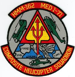 Marine Medium Helicopter Squadron 162 (HMM-162) Mediterranean Cruise 1971
Activated as Marine Helicopter Transport Squadron 162 (HMR-162) "Golden Eagles" was activated on 30 Jun 1951. Redesignated Marine Helicopter Squadron-Light (HMR(L)-162) on 31 Dec 1956; Marine Medium Helicopter Squadron 162 (HMM-162) on 1 Feb 1962. Deactivated on 9 Dec 2005. Reactivated as Marine Medium Tiltrotor Squadron 162 (VMM-162) on 31 Aug 2006-.

Boeing/Vertol CH-46D/E/F Sea Knight, 1967-2005

HMM-162 deployed to the Mediterranean in support of Battalion Landing Team (BLT) 3/2, ground component of the 32d Marine Amphibious Unit (MAU).  

