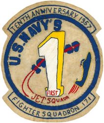 Fighter Squadron 171 (VF-171) 10th Anniversary
VF-171 "Aces"
1957
Established as VF-82 on 1 Apr 1944; VF-17A on 15 Nov 1946; VF-171 on 11 Aug 1948-15 Mar 1958; 5 Aug 1977-1 Jun 1984. 
McDonnell F2H-3 Banshee

