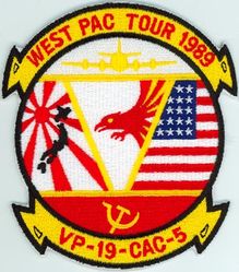 Patrol Squadron 19 WESTPAC CRUISE 1989 
VP-19 "Big Red"
1989
Established as VP-907 on 4 Jul 1946; VP-ML-57 on 15 Nov 1946; VP-871) in Feb 1950 VP-19 (3rd VP-19) on 4 Feb 1953-31 August 1991.
Lockheed P-3C Orion
