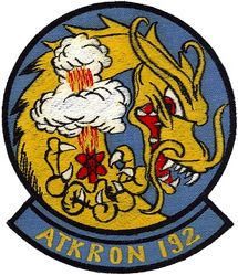 Attack Squadron 192 (VA-192) 
Established as Fighter Squadron ONE HUNDRED FIFTY THREE (VF-153) on 26 Mar 1945. Redesignated Fighter Squadron FIFTEEN A (VF-15A) on 15 Nov 1946; Fighter Squadron ONE HUNDRED FIFTY ONE (VF-151) on 15 Jul 1948; Fighter Squadron ONE HUNDRED NINETY TWO (VF-192) on 15 Feb 1950; Attack Squadron ONE HUNDRED NINETY TWO (VA-192) on 15 Mar 1956; Strike Fighter Squadron ONE HUNDRED NINETY TWO (VFA-192) on 10 Jan 1986. 

VA-192 Deployments:
9 Mar 1957-25 Aug 1957, CVG-19, USS Yorktown (CVA-10) Grumman F9F-8/8B Cougar, WestPac 
1 Nov 1958-18 Jun 1959, CVG-19, USS Bon Homme Richard (CVA-31), North American FJ-4B Fury, WestPac 
21 Nov 1959-14 May 1960, CVG-19, USS Bon Homme Richard (CVA-31), Douglas A4D-2 Skyraider, WestPac 
26 Apr 1961-13 Dec 1961, CVG-19, USS Bon Homme Richard (CVA-31), Douglas A4D-2N Skyraider, WestPac 
12 Jul 1962-11 Feb 1963, CVG-19, USS Bon Homme Richard (CVA-31), Douglas A-4C Skyhawk, WestPac 
28 Jan 1964-21 Nov 1964, CVW-19, USS Bon Homme Richard (CVA-31), Douglas A-4C Skyhawk, WestPac/IO/Vietnam 
21 Apr 1965-13 Jan 1966, CVW-19, USS Bon Homme Richard (CVA-31), Douglas A-4C Skyhawk, WestPac/Vietnam 
15 Oct 1966-29 May 1967, CVW-19, USS Ticonderoga (CVA-14), Douglas A-4E Skyhawk, WestPac/Vietnam 
28 Dec 1967-17 Aug 1968, CVW-19, USS Ticonderoga (CVA-14), Douglas A-4F Skyhawk, WestPac/Vietnam 
14 Apr 1969-17 Nov 1969, CVW-19, USS Oriskany (CVA-34), Douglas A-4F Skyhawk, WestPac/Vietnam 
6 Nov 1970-17 Jul 1971, CVW-11, USS Kitty Hawk (CV-63), Vought A-7E Corsair II, WestPac/Vietnam 
17 Feb 1972-28 Nov 1972, CVW-11, USS Kitty Hawk (CV-63), Vought A-7E Corsair II, WestPac/Vietnam 
23 Nov 1973-9 Jul 1974, CVW-11, USS Kitty Hawk (CV-63), Vought A-7E Corsair II, WestPac/IO 
21 May 1975-15 Dec 1975, CVW-11, USS Kitty Hawk (CV-63), Vought A-7E Corsair II, WestPac 
25 Oct 1977-22 Sep 1978, CVW-11, USS Kitty Hawk (CV-63), Vought A-7E Corsair II, WestPac 
13 Mar 1979-22 Sep 1979, CVW-11, USS America (CV-66), Vought A-7E Corsair II, Med 
14 Apr 1981-12 Nov 1981, CVW-11, USS America (CV-66), Vought A-7E Corsair II, Med/IO 
15 Jul 1983-29 Feb 1984, CVW-9, USS Ranger (CVA-61), Vought A-7E Corsair II, Central America/ WestPac/IO

Insignia approved on 8 Aug 1950.


