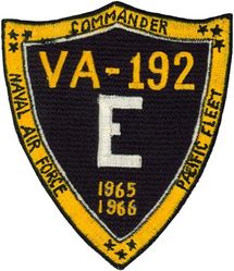 Attack Squadron 192 (VA-192) Battle Effectiveness Award 1965-1966
Established as Fighter Squadron ONE HUNDRED FIFTY THREE (VF-153) on 26 Mar 1945. Redesignated Fighter Squadron FIFTEEN A (VF-15A) on 15 Nov 1946; Fighter Squadron ONE HUNDRED FIFTY ONE (VF-151) on 15 Jul 1948; Fighter Squadron ONE HUNDRED NINETY TWO (VF-192) on 15 Feb 1950; Attack Squadron ONE HUNDRED NINETY TWO (VA-192) on 15 Mar 1956; Strike Fighter Squadron ONE HUNDRED NINETY TWO (VFA-192) on 10 Jan 1986. 

21 Apr 1965-13 Jan 1966, CVW-19, USS Bon Homme Richard (CVA-31), Douglas A-4C Skyhawk, WestPac/Vietnam 

Insignia approved on 8 Aug 1950.


