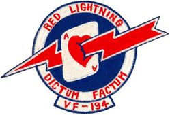 Fighter Squadron 194 (VF-194) (3rd)
FIGHTER SQUADRON ONE HUNDRED NINETY FOUR (VF-194) (3rd)
Established as Fighter Squadron NINETY ONE (VF-91) (2nd) on 26 Mar 1952. Redesignated Fighter Squadron ONE HUNDRED NINETY FOUR (VF-194) (3rd) “Red Lightning” on 1 Aug 1963. Disestablished on 1 Mar 1978. Reestablished on 1 Dec 1986. Disestablished on 29 Apr 1988.

Vought F8U-1/2/F-8E/J Crusader, 1963-1976
McDonnell Douglas F-4J Phantom II, 1976-1978

Deployments.
28 Jan 1964-21 Nov 1964 USS Bon Homme Richard (CVA-31) CVW-19, F-8C, WestPac/IO
21 Apr 1965-13 Jan 1966 USS Bon Homme Richard (CVA-31) CVW-19, F-8E, WestPac/Vietnam	
15 Oct 1966-29 May 1967 USS Bon Homme Richard (CVA-31) CVW-19, F-8E, WestPac/Vietnam	
28 Dec 1967-17 Aug 1968 USS Bon Homme Richard (CVA-31) CVW-19, F-8E, WestPac/Vietnam	
14 Apr 1969-17 Nov 1969 USS Oriskany (CVA-34) CVW-19, F-8J, WestPac/Vietnam
14 May 1970-10 Dec 1970 USS Oriskany (CVA-34) CVW-19, F-8J,	WestPac/Vietnam
14 May 1971-18 Dec 1971 USS Oriskany (CVA-34) CVW-19, F-8J, WestPac/Vietnam
5 Jun 1972-30 Mar 1973 USS Oriskany (CVA-34) CVW-19, F-8J, WestPac/Vietnam	
18 Oct 1973-5 June1974 USS Oriskany (CVA-34) CVW-19, F-8J, WestPac/Vietnam
16 Sep 1975-3 Mar 1976 USS Oriskany (CVA-34) CVW-19, F-8J, WestPac	
15 Feb 1977-5 Oct 1977	USS Coral Sea (CVA-43)	CVW-15, F-4J, WestPac		
24 Jul 1987-5 Aug 1987	USS Enterprise (CVN-65) CVW-10, F-14A, NorPac

