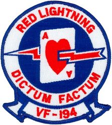 Fighter Squadron 194 (VF-194) (4th)
Established as Fighter Squadron NINETY ONE (VF-91) (2nd) on 26 Mar 1952. Redesignated Fighter Squadron ONE HUNDRED NINETY FOUR (VF-194) (3rd) “Red Lightning” on 1 Aug 1963. Disestablished on 1 Mar 1978. Reestablished on 1 Dec 1986. Disestablished on 29 Apr 1988.

Grumman F-14A Tomcat, 1986-1988

Deployments.
24 Jul 1987-5 Aug 1987	USS Enterprise (CVN-65) CVW-10, F-14A, NorPac

