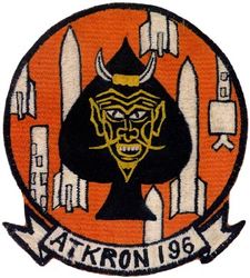 Attack Squadron 196 (VA-196)
Established as Fighter Squadron ONE HUNDRED FIFTY THREE (VF-153) on 15 Jul 1948. Redesignated Fighter Squadron ONE HUNDRED NINETY FOUR (VF-194) "Yellow Devils" on 15 Feb 1950; Attack Squadron ONE HUNDRED NINETY SIX (VA-196) “Main Battery” on 4 May 1955. Disestablished in Feb 1997.

Douglas AD-6/7 Skyraider, 1953-1966
Grumman A-6A/B/E Intruder, 1966-1997
Grumman KA-6D Intruder, 1971-1997

Insignia approved on 14 Sep 1967. (Squadron continued to use the devil and ace of spades insignia until 1967). This insignia was worn for 2 Vietnam cruises, 1964-1966.
Deployments.
28 Jan 1964-21 Nov 1964 USS Bon Homme Richard (CVA-31) CVW-19, A-1H/J, WestPac/IO/Vietnam
21 Apr 1965-13 Jan 1966 USS Bon Homme Richard (CVA-31) CVW-19, A-1H/J, WestPac/Vietnam

