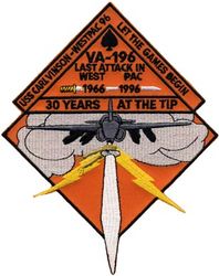 Attack Squadron 196 (VA-196) CVW-14 Western Pacific Cruise 1996
Established as Fighter Squadron ONE HUNDRED FIFTY THREE (VF-153) on 15 Jul 1948. Redesignated Fighter Squadron ONE HUNDRED NINETY FOUR (VF-194) "Yellow Devils" on 15 Feb 1950; Attack Squadron ONE HUNDRED NINETY SIX (VA-196) “Main Battery” on 4 May 1955. Disestablished on 28 Feb 1997.

Deployment. 14 May 1996-14 Nov 1996 USS Carl Vinson (CVN-70) CVW-14, Grumman A-6E Intruder, WestPac/IO/Persian Gulf
