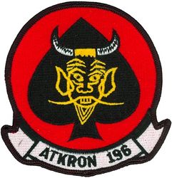 Attack Squadron 196 (VA-196)
Established as Fighter Squadron ONE HUNDRED FIFTY THREE (VF-153) on 15 Jul 1948. Redesignated Fighter Squadron ONE HUNDRED NINETY FOUR (VF-194) "Yellow Devils" on 15 Feb 1950; Attack Squadron ONE HUNDRED NINETY SIX (VA-196) “Main Battery” on 4 May 1955. Disestablished on 28 Feb 1997.

Douglas AD-6/7 Skyraider, 1953-1966
Grumman A-6A/B/E Intruder, 1966-1997
Grumman KA-6D Intruder, 1971-1997

Insignia approved on 14 Sep 1967. (Squadron continued to use the devil and ace of spades insignia until 1967)

Deployments.
28 May 1956-20 Dec 1956 USS Lexington (CVA-16 ) ATG-1, AD-6, WestPac
4 Oct 1958-17 Feb 1959 USS Ticonderoga (CVA-14) ATG-1, AD-6 WestPac
21 Nov 1959-14 May 1960 USS Bon Homme Richard (CVA-31) CVG-19, AD-6, WestPac
26 Apr 1961-13 Dec 1961 USS Bon Homme Richard (CVA-31) CVG-19, AD-6 WestPac
12 Jul 1962-11 Feb 1963 USS Bon Homme Richard (CVA-31) CVG-19, A-1H/J WestPac
28 Jan 1964-21 Nov 1964 USS Bon Homme Richard (CVA-31) CVW-19, A-1H/J, WestPac/IO/Vietnam
21 Apr 1965-13 Jan 1966 USS Bon Homme Richard (CVA-31) CVW-19, A-1H/J, WestPac/Vietnam
29 Apr 1967-4 Dec 1967 USS Constellation (CVA-64) CVW-14, A-6A, WestPac/Vietnam
29 May 1968-31 Jan 1969 USS Constellation (CVA-64) CVW-14, A-6A/B, WestPac/Vietnam
14 Oct 1969-1 Jun 1970 USS Ranger (CVA-61) CVW-2, A-6A, WestPac/Vietnam
11 Jun 1971-12 Feb 1972 USS Enterprise (CVAN-65) CVW-14, A-6A/B & KA-6D, WestPac/Vietnam/IO
12 Sep 1972-12 Jun 1973 USS Enterprise (CVAN-65) CVW-14, A-6A/B & KA-6D, WestPac/Vietnam
17 Sep 1974-20 May 1975 USS Enterprise (CVAN-65) CVW-14, A-6A & KA-6D, WestPac/IO
30 Jul 1976-28 Mar 1977 USS Enterprise (CVAN-65) CVW-14, A-6E & KA-6D, WestPac/IO
4 Apr 1978-30 Oct 1978 USS Enterprise (CVAN-65) CVW-14, A-6E & KA-6D, WestPac/IO
13 Nov 1979-11 Jun 1980 USS Coral Sea (CV-43) CVW-14, A-6E & KA-6D, WestPac/IO
20 Aug 1981-23 Mar 1982 USS Coral Sea (CV-43) CVW-14, A-6E & KA-6D, WestPac/IO
21 Mar 1983-12 Sep 1983 USS Coral Sea (CV-43) CVW-14, A-6E & KA-6D, World Cruise
21 Feb 1985-24 Aug 1985 USS Constellation (CVA-64) CVW-14, A-6E & KA-6D, WestPac/IO
04 Sep 1986-20 Oct 1986 USS Constellation (CVA-64) CVW-14, A-6E & KA-6D, NorPac
11 Apr 1987-13 Oct 1987 USS Constellation (CVA-64) CVW-14, A-6E & KA-6D, WestPac/IO
1 Dec 1988-01 Jun 1989 USS Constellation (CVA-64) CVW-14, A-6E & KA-6D, WestPac/IO
16 Sep 1989-19 Oct 1989 USS Constellation (CVA-64) CVW-14, A-6E & KA-6D, NorPac
23 Jun 1990-20 Dec 1990 USS Independence (CV-62) CVW-14, A-6E, WestPac/IO/Persian Gulf
17 Feb 1994-17 Aug 1994 USS Carl Vinson (CVN-70) CVW-14, A-6E, WestPac/IO/Persian Gulf
14 May 1996-14 Nov 1996 USS Carl Vinson (CVN-70) CVW-14,  A-6E, WestPac/IO/Persian Gulf

