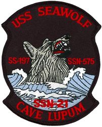 SSN-21 USS Seawolf 
Namesake. Seawolf marine ray finned fish
Awarded. 9 Jan 1989
Builder.	General Dynamics Electric Boat
Laid down. 25 Oct 1989
Launched. 24 Jun 1995
Commissioned. 19 Jul 1997
Homeport. Naval Base Kitsap-Bangor
Motto. Cave Lupum (English: "Beware the Wolf")
Status. in active service
Class and type. Seawolf-class submarine
Length.	353 ft (108 m)
Beam. 40 ft (12 m)
Draft. 36 ft (11 m)
Propulsion:	
1 S6W PWR 220 MW (300,000 hp), HEU 93.5%
1 secondary propulsion submerged motor
2 steam turbines 57,000 shp (43 MW) 
1 shaft
1 pump-jet propeller
Speed. 25+ knots submerged, 18+ knots surfaced
Test depth. Greater than 800 ft (240 m)
Complement. 15 officers and 101 enlisted
Armament. 8 × 26.5-inch torpedo tubes, sleeved for 21-inch weapons (up to 50 Tomahawk land attack missile/Harpoon anti-ship missile/Mk 48 guided torpedo carried in torpedo room)

