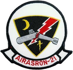Air Anti-Submarine Squadron 21 (VS-21)
Established as Torpedo Squadron FORTY ONE (VT-41) on 26 Mar 1945. Redesignated Attack Squadron ONE E (VA-1E) on 15 Nov 1946. Attack Squadron ONE E (VA-1E) and Fighter Squadron ONE E (VF-1E) were merged into Composite Squadron TWO ONE (VC-21) on 1 Sep 1948. Redesignated Air Anti-Submarine Squadron TWO ONE (AIRASRON 21 or VS-21) on 23 Apr 1950; Sea Control Squadron TWO ONE (VS-21) on 1 Oct 1993. Disestablished on 28 Feb 2005.

Insignia submitted on 14 Jul 1955.

Grumman AF-2 Guardian, 1950-1955
Grumman S2F-1/2/2E Tracker, 1955-1974
Lockheed S-3A/B Viking, 1974-2005


