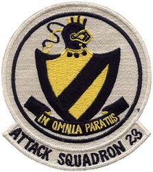 Attack Squadron 23 (VA-23)
Established as Reserve Fighter Squadron SIX HUN DRED FIFTY THREE (VF-653) in Dec 1949. Called to active duty on 1 Feb 1951. Redesignated Fighter Squadron ONE HUNDRED FIFTY ONE (VF-151) on 4 Feb 1953. Redesignated Attack Squadron ONE HUNDRED FIFTY ONE (VA-151) on 7 Feb 1956. Redesignated Attack Squadron TWENTY THREE (VA-23) (1st) on 23 Feb 1959. Disestablished on 1 Apr 1970. The first and only squadron to be designated VA-23.
 
When the squadron was redesignated VF-151, it adopted a new insignia sometime between 1953 and 1955. There is no record relating to the use of this insignia following the squadron’s redesignation to VA-151. However, on 29 April 1959, CNO approved VA-23’s request to retain the insignia formerly used by VA-151. The insignia used by VA-23 was the Black Knight insignia.


