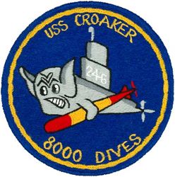 SS-246 USS Croaker 8000 Dives
USS Croaker (SS-246)
Class & type: Gato-class diesel-electric submarine
Builder: General Dynamics Electric Boat, Groton, Connecticut 
Laid down: 1 April 1943
Launched: 19 Dec 1943 
Commissioned: 21 Apr 1944
Decommissioned: 15 Jun 1946
Recommissioned: 7 May 1951 
Decommissioned: 18 Mar 1953 
Recommissioned: 11 Dec 1953
Decommissioned: 2 Apr 1968
Struck: 20 Dec 1971 
Fate: Made into Museum ship at Groton, Connecticut on 27 Jun 1976, later Buffalo, NY.
