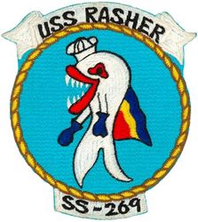 SS-269 USS Rasher 
USS Rasher (SS-269)
Class & type: Gato-class diesel-electric submarine
Builder: Manitowoc Shipbuilding Company, Manitowoc, Wisconsin 
Laid down: 4 May 1942 
Launched: 20 Dec 1942 
Commissioned: 8 Jun 1943 
Decommissioned: 22 Jun 1946 
Recommissioned: 14 Dec 1951 
Decommissioned: 28 May 1952 
Commissioned: 22 Jul 1953 
Decommissioned: 27 May 1967 
Struck: 20 Dec 1971 
Fate: Sold for scrap, 7 Aug 1974 



