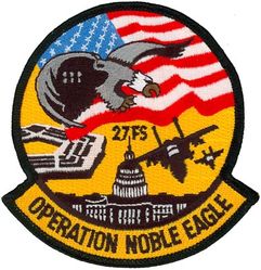 27th Fighter Squadron Operation NOBLE EAGLE
Organized as 21 Aero Squadron on 15 Jun 1917. Redesignated as: 27 Aero Squadron on 23 Jun 1917; 27 Squadron (Pursuit) on 14 Mar 1921; 27 Pursuit Squadron on 25 Jan 1923; 27 Pursuit Squadron (Interceptor) on 6 Dec 1939; 27 Pursuit Squadron (Fighter) on 12 Mar 1941; 27 Fighter Squadron (Twin Engine) on 15 May 1942; 27 Fighter Squadron, Two Engine, on 28 Feb 1944. Inactivated on 16 Oct 1945. Redesignated as: 27 Fighter Squadron, Single Engine, on 5 Apr 1946; 27 Fighter Squadron, Jet Propelled, on 20 Jun 1946. Activated on 3 Jul 1946. Redesignated as: 27 Fighter Squadron, Jet, on 15 Jun 1948; 27 Fighter-Interceptor Squadron on 16 Apr 1950; 27 Tactical Fighter Squadron on 1 Jul 1971; 27 Fighter Squadron on 1 Nov 1991-.
