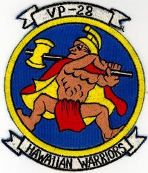 Patrol Squadron 28 (VP-28)
Established as Bombing Squadron ONE HUNDRED EIGHT (VB-108) on 1 Jul 1943. Redesignated Patrol Bombing Squadron ONE HUNDRED EIGHT (VPB-108) on 1 Oct 1944; Patrol Squadron ONE HUNDRED EIGHT (VP-108) on 15 May 1946; Heavy Patrol Squadron (Landplane) EIGHT (VP-HL-8) on 15 Nov 1946; Patrol Squadron TWENTY EIGHT (VP28) on 1 Sep 1948, the second squadron to be assigned the VP-28 designation. Disestablished on 1 Oct 1969.

Consolidated PB4Y-2 Catalina, 1945
Consolidated PB4Y-2S Catalina, 1949-1951
Consolidated P4Y-2/2S Privateer, 1951-1952
Lockheed P2V-5 Neptune, 1952-1959
Lockheed P2V-5F Neptune, 1959-1962
Lockheed P2V-5FS PAR/MOD Neptune, 1962
Lockheed SP-2H Neptune, 1962-1964
Lockheed P-3A Orion, 1964-1969

Insignia (2nd) “Hawaiian Warriors” approved by CNO on 18 Nov 1954.


