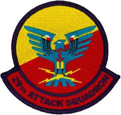 29th Attack Squadron
Constituted as 13 Observation Squadron (Medium) on 5 Feb 1942.  Activated on 10 Mar 1942.  Redesignated as: 13 Observation Squadron on 4 Jul 1942; 13 Reconnaissance Squadron (Fighter) on 1 Apr 1943; 13 Tactical Reconnaissance Squadron on 11 Aug 1943; 29 Reconnaissance Squadron (Night Photographic) on 25 Jan 1946.  Inactivated on 29 Jul 1946.  Redesignated as 29 Tactical Reconnaissance Squadron, Photo-Jet on 14 Jan 1954.  Activated on 18 Mar 1954.  Redesignated as 29 Tactical Reconnaissance Squadron on 1 Oct 1966.  Inactivated on 24 Jan 1971.  Redesignated as 29 Attack Squadron on 20 Oct 2009.  Activated on 23 Oct 2009-.
Emblem.  Approved on 12 Dec 1956.

