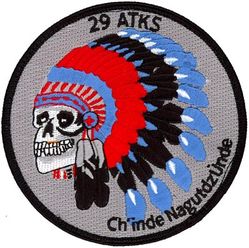 29th Attack Squadron Heritage
Constituted as 13 Observation Squadron (Medium) on 5 Feb 1942. Activated on 10 Mar 1942.  Redesignated as: 13 Observation Squadron on 4 Jul 1942; 13 Reconnaissance Squadron (Fighter) on 1 Apr 1943; 13 Tactical Reconnaissance Squadron on 11 Aug 1943; 29 Reconnaissance Squadron (Night Photographic) on 25 Jan 1946.  Inactivated on 29 Jul 1946.  Redesignated as 29 Tactical Reconnaissance Squadron, Photo-Jet on 14 Jan 1954.  Activated on 18 Mar 1954.  Redesignated as 29 Tactical Reconnaissance Squadron on 1 Oct 1966.  Inactivated on 24 Jan 1971.  Redesignated as 29 Attack Squadron on 20 Oct 2009.  Activated on 23 Oct 2009-.
Emblem. Approved on 12 Dec 1956.

