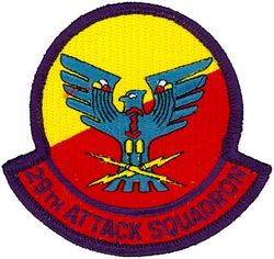 29th Attack Squadron
Constituted as 13 Observation Squadron (Medium) on 5 Feb 1942.  Activated on 10 Mar 1942.  Redesignated as: 13 Observation Squadron on 4 Jul 1942; 13 Reconnaissance Squadron (Fighter) on 1 Apr 1943; 13 Tactical Reconnaissance Squadron on 11 Aug 1943; 29 Reconnaissance Squadron (Night Photographic) on 25 Jan 1946.  Inactivated on 29 Jul 1946.  Redesignated as 29 Tactical Reconnaissance Squadron, Photo-Jet on 14 Jan 1954.  Activated on 18 Mar 1954.  Redesignated as 29 Tactical Reconnaissance Squadron on 1 Oct 1966.  Inactivated on 24 Jan 1971.  Redesignated as 29 Attack Squadron on 20 Oct 2009.  Activated on 23 Oct 2009-.
Emblem.  Approved on 12 Dec 1956.

