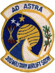 300th Military Airlift Squadron, (Associate)
Constituted as 100 Transport Squadron on 4 Jun 1943. Activated on 21 Jun 1943. Disbanded on 1 Dec 1943. Reconstituted, and redesignated 100 Air Transport Squadron, Medium, on 20 Jun 1952. Activated on 20 Jul 1952. Inactivated on 25 Oct 1955. Consolidated (19 Sep 1985) with the 300 Military Airlift Squadron (Associate), which was constituted on 31 Jul 1969. Activated in the Reserve on 25 Sep 1969. Redesignated: 300 Airlift Squadron (Associate) on 1 Feb 1992; 300 Airlift Squadron on 1 Oct 1994-.

Translation: AD ASTRA = To the Stars

