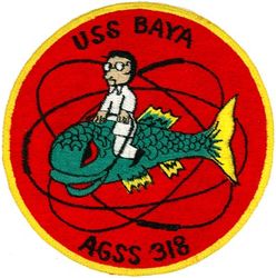 AGSS-318 USS BAYA
USS Baya (SS/AGSS-318)
Class and type: Balao class diesel-electric submarine
Builder: Electric Boat Company, Groton, Connecticut
Laid down: 8 Apr 1943
Launched: 2 Jan 1944
Commissioned: 20 May 1944
Decommissioned: 14 May 1946
Recommissioned: 10 Feb 1948
Decommissioned: 30 Oct 1972
Struck: 30 Oct 1972
Fate: Sold for scrap, 12 Oct 1973
