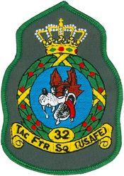 32d Tactical Fighter Squadron
Constituted 32d Pursuit Squadron (Interceptor) on 22 Dec 1939. Activated on 1 Feb 1940. Redesignated 32d Fighter Squadron on 15 May 1942. Inactivated on 15 Oct 1946. Redesignated 32d Fighter-Day Squadron on 9 May 1955. Activated on 8 Sep 1955. Redesignated: 32d Tactical Fighter Squadron on 8 Jul 1958; 32d Fighter-Interceptor Squadron on 8 JuI 1959; 32d Tactical Fighter Squadron on 1 Jul 1969; 32d Fighter Squadron on 1 Nov 1991. Inactivated 1 Jul 1994.

One of several interim patches used in the late 80s.

