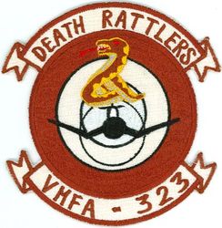 Marine Fighter Attack Squadron 323 (VMFA-323)
Established as Marine Fighter Squadron 323 (VMF-323) "Death Rattlers" on 1 Aug 1943. Redesignated as Marine Attack Squadron 323 (VMA-323) in Jun 1952; Marine Fighter Squadron 323 (VMF-323) on 31 Dec 1956; Marine Fighter Squadron (All Weather) 323 (VMF(AW)-323) on 31 Jul 1962; Marine Fighter Attack Squadron 323 (VMFA-323) on 1 Apr 1964-.

McDonnell Douglas F-4B/N Phantom II, 1964-1982
McDonnell Douglas F/A-18A/C Hornet, 1982-.

Japanese made, fully embroidered  

