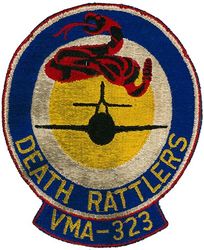 Marine Attack Squadron 323 (VMA-323)
Established as Marine Fighter Squadron 323 (VMF-323) "Death Rattlers" on 1 Aug 1943. Redesignated as Marine Attack Squadron 323 (VMA-323) in Jun 1952; Marine Fighter Squadron 323 (VMF-323) on 31 Dec 1956; Marine Fighter Squadron (All Weather) 323 (VMF(AW)-323) on 31 Jul 1962; Marine Fighter Attack Squadron 323 (VMFA-323) on 1 Apr 1964-.

Grumman F-9F-2 Panther, 1953-1954
Grumman F-9F-5/8 Cougar, 1954-1957

US made, embroidered on twill 




