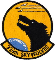 326th Fighter-Interceptor Squadron
Constituted 326th Fighter Squadron on 24 Jun 1942. Activated on 10 Jul 1942. Disbanded on 31 Mar 1944. Reconstituted, and redesignated 326th Fighter Interceptor Squadron on 23 Mar 1953. Activated on 18 Dec 1953. Inactivated on 2 Jan 1967.

Emblem. Approved 5 Sep 1961.

