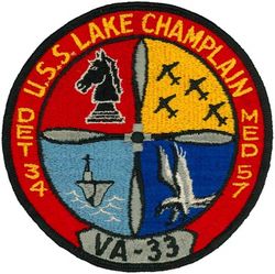 Attack Squadron (All Weather) 33 (VA(AW)-33) Detachment 34 Mediterranean Cruise 1957
Established as Composite Squadron THIRTY THREE (VC-33) on 13 May 1949. Redesignated All Weather Attack Squadron THIRTY THREE (VA(AW)-33) on 2 Jul 1956; Carrier Airborne Early Warning Squadron THIRT THREE (VAW-33) on 30 Jul 1959; Redesignated Tactical Electronic Warfare THIRTY THREE (VAQ-33) on 1 Feb 1968. Disestablished on 1 Oct 1993.

21 Jan 1957-27 Jul 1957, USS Lake Champlain (CVA-39), ATG-182, Douglas AD-5N Skyraider

