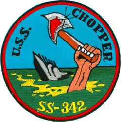 SS-342 USS Chopper
Name: USS Chopper (SS/AGSS/IXSS-342)
Namesake. Chopper, a common name for Pomatomus saltatrix, an aggressive game fish.
Builder: Electric Boat Company, Groton, CT
Laid down: 2 Mar 1944
Launched: 4 Feb 1945
Commissioned: 25 May 1945
Decommissioned: 27 Aug 1969
Struck: 1 Oct 1971
Fate: Sunk off Cape Hatteras, 21 Jul 1976, while being rigged as a tethered underwater target
Class and type: Balao-class diesel-electric submarine
Displacement.	
1,529 long tons (1,554 t) surfaced
2,424 long tons (2,463 t) submerged
Length. 311 ft 9 in (95.02 m)
Beam. 27 ft 3 in (8.31 m)
Draft. 16 ft 10 in (5.13 m) maximum
Propulsion.	
4 × General Motors Model 16-278A V16 diesel engines driving electrical generators
2 × 126-cell Sargo batteries
4 × high-speed General Electric electric motors with reduction gears
2 × propellers
5,400 shp (4.0 MW) surfaced
2,740 shp (2.0 MW) submerged
Speed. 20.25 kn (23.30 mph; 37.50 km/h) surfaced, 8.75 kn (10.07 mph; 16.21 km/h) submerged
Range. 11,000 nmi (13,000 mi; 20,000 km) surfaced at 10 kn (12 mph; 19 km/h)
Endurance. 48 hours at 2 kn (2.3 mph; 3.7 km/h) submerged, 75 days on patrol
Test depth. 400 ft (120 m)[3]
Complement. 10 officers, 70–71 enlisted
Armament.	
10 × 21-inch (533 mm) torpedo tubes, 6 forward, 4 aft
24 torpedoes
1 × 5-inch (127 mm) / 25 caliber deck gun
Bofors 40 mm and Oerlikon 20 mm cannon

General characteristics (Guppy IA)
Displacement.	
1,830 long tons (1,860 t) surfaced
2,440 long tons (2,480 t) submerged
Length. 307 ft 7 in (93.75 m)
Beam. 27 ft 4 in (8.33 m)
Draft. 17 ft (5.2 m)
Propulsion. 
Batteries upgraded to Sargo II
Speed. Surfaced: 17.3 kn (19.9 mph; 32.0 km/h) maximum, 12.5 kn (14.4 mph; 23.2 km/h) cruising
Submerged: 15.0 kn (17.3 mph; 27.8 km/h) for ½ hour, 7.5 kn (8.6 mph; 13.9 km/h) snorkeling, 3.0 kn (3.5 mph; 5.6 km/h) cruising
Range	17,000 nmi (20,000 mi; 31,000 km) surfaced at 11 kn (13 mph; 20 km/h)
Endurance. 36 hours at 3 kn (3.5 mph; 5.6 km/h) submerged
Complement. 10 officers, 5 petty officers, 64–69 enlisted men
Armament.	
10 × 21 inch (533 mm) torpedo tubes (six forward, four aft)
all guns removed
Snorkel added


