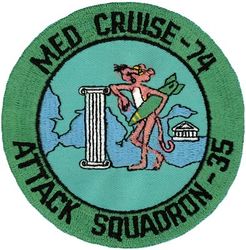 Attack Squadron 35 (VA-35) MEDITERRANEAN CRUISE 1974
Established as Bombing Squadron THREE B (VB-3B) "Black Panthers" on 1 Jul 1934. Redesignated Bombing Squadron FOUR (VB-4) on 1 Jul 1937; Bombing Squadron THREE (VB-3) on 1 Jul 1939; Attack Squadron THREE A (VA-3A) on 15 Nov 1946; Attack Squadron THIRTY FOUR (VA-34) on 7 Aug 1948; Attack Squadron THIRTY FIVE (VA-35) on 15 Feb 1950. Disestablished on 31 Jan 1995. The second squadron to be assigned the VA-35 designation.
