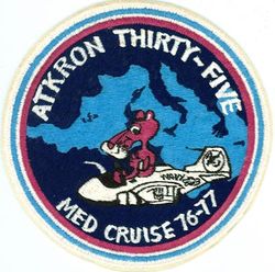 Attack Squadron 35 (VA-35) MEDITERRANEAN CRUISE 1976-1977
Established as Bombing Squadron THREE B (VB-3B) "Black Panthers" on 1 Jul 1934. Redesignated Bombing Squadron FOUR (VB-4) on 1 Jul 1937; Bombing Squadron THREE (VB-3) on 1 Jul 1939; Attack Squadron THREE A (VA-3A) on 15 Nov 1946; Attack Squadron THIRTY FOUR (VA-34) on 7 Aug 1948; Attack Squadron THIRTY FIVE (VA-35) on 15 Feb 1950. Disestablished on 31 Jan 1995. The second squadron to be assigned the VA-35 designation.
