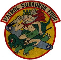 Patrol Squadron 4 (VP-4) 
Established as Bombing Squadron ONE HUNDRED FORTY FOUR (VB-144) on 1 Jul 1943. Redesignated Patrol Bombing Squadron ONE HUNDRED FORTY FOUR (VPB-144) on 1 Oct 1944; Patrol Squadron ONE HUNDRED FORTY FOUR (VP-144) on 15 May 1946; Medium Patrol Squadron (Landplane) ONE HUNDRED FORTY FOUR (VP-ML-4) on 15 Nov 1946; Patrol Squadron FOUR (VP-4) on 1 Sep 1948, the second squadron to be assigned the VP-4 designation.

Lockheed P2V-2/5/5F/7/SP-2H Neptune, 1948-1965

Insignia (2nd) “King Neptune” approved by CNO on 29 Nov 1948.

