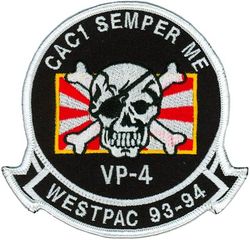 Patrol Squadron 4 (VP-4) Combat Air Crew 1 Western Pacific 1993-1994
Established as Bombing Squadron ONE HUNDRED FORTY FOUR (VB-144) on 1 July 1943. Redesignated Patrol Bombing Squadron ONE HUNDRED FORTY FOUR (VPB-144) on 1 October 1944. Redesignated Patrol Squadron ONE HUNDRED FORTY FOUR (VP-144) on 15 May 1946. Redesignated Medium Patrol Squadron (Landplane) ONE HUNDRED FORTY FOUR (VP-ML-4) on 15 November 1946. Redesignated Patrol Squadron FOUR (VP-4) on 1 September 1948, the second squadron to be assigned the VP-4 designation.

Lockheed P-3C UIIIR Orion, 1992-.

The Skinny Dragon design was altered slightly in honor of the squadron’s 50th anniversary in 1993. Approved by CNO on 25 Mar 1993.

