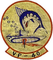 Patrol Squadron 40 (VP-40)
Established as Patrol Squadron FORTY (VP-40) on 20 Jan 1951, the second squadron to be assigned the VP-40 designation.

Martin PBM-5 Mariner, 1951
Martin PBM-5S Mariner, 1951-1953
Martin PBM-1 Mariner, 1953-1957
Martin PBM-2 Mariner, 1957-1960
Martin SP-5B Marlin, 1960-1967
Lockheed P-3B Orion, 1967-1970
Lockheed P-3B DIFAR Orion, 1970-1974
Lockheed P-3C Orion, 1974-1985
Lockheed P-3C UIII Orion, 1985-1992
Lockheed P-3C UII.5 Orion, 1992-1993
Lockheed P-3C UIII Orion, 1993-
Boeing P-8 Poseidon, 2020-.

Insignia (2nd) “Fighting Marlins” approved by CNO on 21 Feb 1955.
 
