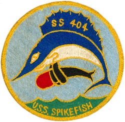 SS-404 USS Spikefish
Namesake. The Spikefish, ray-finned fishes related to the pufferfishes and triggerfishes
Builder: Portsmouth Naval Shipyard, Kittery, ME
Laid down. 29 Jan 1944
Launched. 26 Apr 1944
Commissioned. 30 Jun 1944
Decommissioned. 2 Apr 1963
Stricken	. 1 May 1963
Fate. Sunk as a target off Long Island, 4 Aug 1964 
Class and type. Balao class diesel-electric submarine
Displacement:	
1,526 long tons (1,550 t) surfaced
2,391 tons (2,429 t) submerged
Length. 	311 ft 6 in (94.95 m)
Beam. 27 ft 3 in (8.31 m)
Draft. 16 ft 10 in (5.13 m) maximum
Propulsion:	
4 × Fairbanks-Morse Model 38D8-⅛ 10-cylinder opposed piston diesel engines driving electrical generators
2 × 126-cell Sargo batteries
4 × high-speed Elliott electric motors with reduction gears
two propellers]
5,400 shp (4.0 MW) surfaced
2,740 shp (2.0 MW) submerged
Speed. 20.25 knots (38 km/h) surfaced; 8.75 knots (16 km/h) submerged
Range. 11,000 nautical miles (20,000 km) surfaced at 10 kn (19 km/h)
Endurance. 48 hours at 2 knots (3.7 km/h) submerged; 75 days on patrol
Test depth. 400 ft (120 m)
Complement. 10 officers, 70–71 enlisted
Armament:	
10 × 21-inch (533 mm) torpedo tubes
6 forward, 4 aft
24 torpedoes
1 × 5-inch (127 mm) / 25 caliber deck gun
Bofors 40 mm and Oerlikon 20 mm cannon

