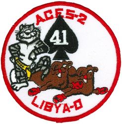 Fighter Squadron 41 (VF-41) Morale
Established as Fighter Squadron SEVEN FIVE A (VF-75A) on 1 Jun 1945. Redesignated Fighter Squadron SEVEN FIVE (VF-75) on 1 Aug 1945; Fighter Squadron THREE B (VF-3B) on 15 Nov 1946; Fighter Squadron FOUR ONE (VF-41) on 1 Sep 1948. Disestablished on 8 Jun 1950. Reestablished on 1 Sep 1950. Redesignated Strike Fighter Squadron FOUR ONE (VFA-41) in Dec 2001-.

Grumman F-14-A Tomcat, 1976-2001

Commemorating the shootdown of 2 Libyan Su-22 Fitters on 19 Aug 1981 in the Gulf of Sidra, by VF-41 F-14 Tomcats, callsigns Fast Eagle 102 and Fast Eagle 107.  The incident marked the first time the F-14 had been used in air to air combat

