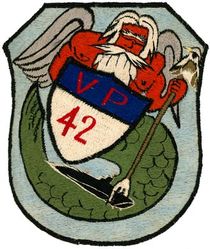 Patrol Squadron 42 (VP-42)
Established as Patrol Squadron TWENTY TWO (VP-22) on 7 Apr 1944. Redesignated Patrol Bombing Squadron TWENTY TWO (VPB-22) on 1 Oct 1944; Patrol Squadron TWENTY TWO (VP-22) on 15 May 1946; Medium Patrol Squadron (Seaplane) TWO (VP-MS-2) on 15 Nov 1946; Patrol Squadron FORTY TWO (VP-42) on 1 Sep 1948, the second squadron to be assigned the VP-42 designation. Disestablished on 26 Sep 1969.

Martin PBM-3D Mariner, 1944-1953
Martin P5M Marlin, 1953-1963
Lockheed SP-2E Neptune, 1963-1964
Lockheed SP-2H Neptune, 1964-1969

Insignia (1st) “Winged Poseidon” approved by CNO on 2 Sep 1947.


