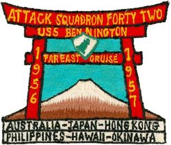 Attack Squadron 42 (VA-42) FAREAST CRUISE 1956-1957
Established as Fighter Squadron FORTY TWO (VF-42) on 1 Sep 1950. Redesignated Attack Squadron FORTY TWO (VA-42) "Green Pawns" on 1 Nov 1953. Disestablished on 30 Sep 1994. The first squadron to be assigned the VA-42 designation.

Douglas AD-4N Skyraider

