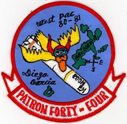 Patrol Squadron 44 (VP-44) Western Pacific 1980-1981
Established as Patrol Squadron FORTY FOUR (VP-44) on 29 January 1951, the fourth squadron to be assigned the VP-44 designation. Disestablished on 28 June 1991.

Lockheed P-3C UII Orion


