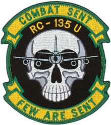 45th Reconnaissance Squadron Combat Sent RC-135U (Morale)
Although the general design of this patch is common to the 38th, 45th, and 343d Reconnaissance Squadrons, the green and yellow color combination on this one tie it to the 45 RS.  The design of the RC-135 aircraft superimposed over a skull was first used on the A-Flight patch of the 343 RS.  -GWO
