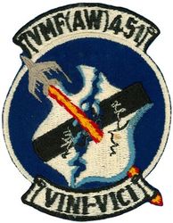 Marine All Weather Fighter Squadron 451 (VMF-451)
Established as Marine Fighting Squadron 451 (VMF-451) “Warlord” on 15 Feb 1944. Deactivated on 10 Sep 1945. Reactivated in the reserves on 1 Jul 1946. Redesignated Marine Fighter Squadron (All Weather) 451 (VMF(AW)-451) on 1 Jul 1961; Marine Fighter Attack Squadron 451 on 1 Feb 1968. Deactivated on 31 Jan 1997. 

Vought F4U-1D Corsair, 1946-1951
Grumman F9F-2 Panther, 1951-1954
North American FJ-2/4 Fury, 1954-1959
Vought F8U-2/2N (F-8D) Crusader, 1959-1968
McDonnell Douglas F-4J/S Phantom II, 1968-1987
McDonnell Douglas F/A-18A/C Hornet, 1987-1997

Insignia (4th design) dates from 1961-1968. VINI VICI = I came, I conquered

