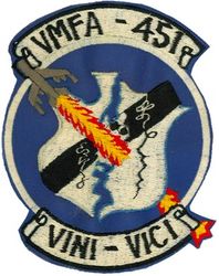 Marine Fighter Attack Squadron 451 (VMF-451)
Established as Marine Fighting Squadron 451 (VMF-451) “Warlord” on 15 Feb 1944. Deactivated on 10 Sep 1945. Reactivated in the reserves on 1 Jul 1946. Redesignated Marine Fighter Squadron (All Weather) 451 (VMF(AW)-451) on 1 Jul 1961; Marine Fighter Attack Squadron 451 on 1 Feb 1968. Deactivated on 31 Jan 1997. 

Vought F4U-1D Corsair, 1946-1951
Grumman F9F-2 Panther, 1951-1954
North American FJ-2/4 Fury, 1954-1959
Vought F8U-2/2N (F-8D) Crusader, 1959-1968
McDonnell Douglas F-4J/S Phantom II, 1968-1987
McDonnell Douglas F/A-18A/C Hornet, 1987-1997

Insignia (5th design) dates from 1968. VINI VICI = I came, I conquered

