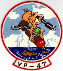 Patrol Squadron 47 (VP-47)
Established as Patrol Squadron TWENTY SEVEN (VP-27) on 1 Jun 1944. Redesignated Patrol Bombing Squadron TWENTY SEVEN (VPB-27) on 1 Oct 1944; Patrol Squadron TWENTY SEVEN (VP-27) on 15 May 1946; Medium Patrol Squadron (Seaplane) SEVEN (VP-MS-7) on 15 Nov 1946; Patrol Squadron FORTY SEVEN (VP-47) on 1 Sep 1948-.

Martin PBM-3D Mariner, 1944-1945
Martin PBM-5 Mariner, 1945-1954
Martin P5M-2 Marlin, 1954-1962
Lockheed SP-5B Marlin, 1962-1965
Lockheed P-3A Orion, 1965-1967
Lockheed P-3B Orion, 1967-1970
Lockheed P-3C Orion, 1970-1985
Lockheed P-3C UII Orion, 1985-1986
Lockheed P-3C UIII Orion, 1986-2017
Boeing P-8A Poseidon, 2017-

Insignia (1st) approved by CNO on 8 Oct 1948.

